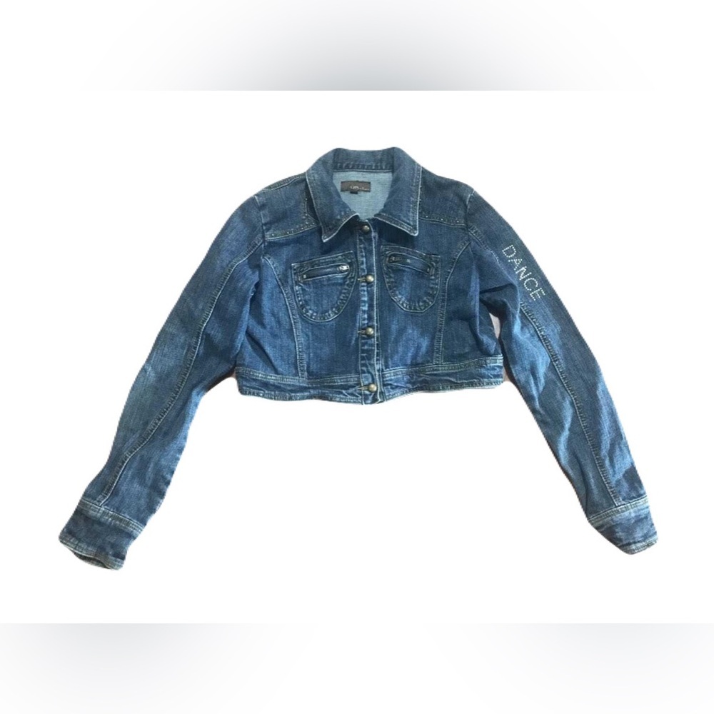 UB Jeans women’s large cropped denim jacket, rhinestone beaded, Y2K, dark blue